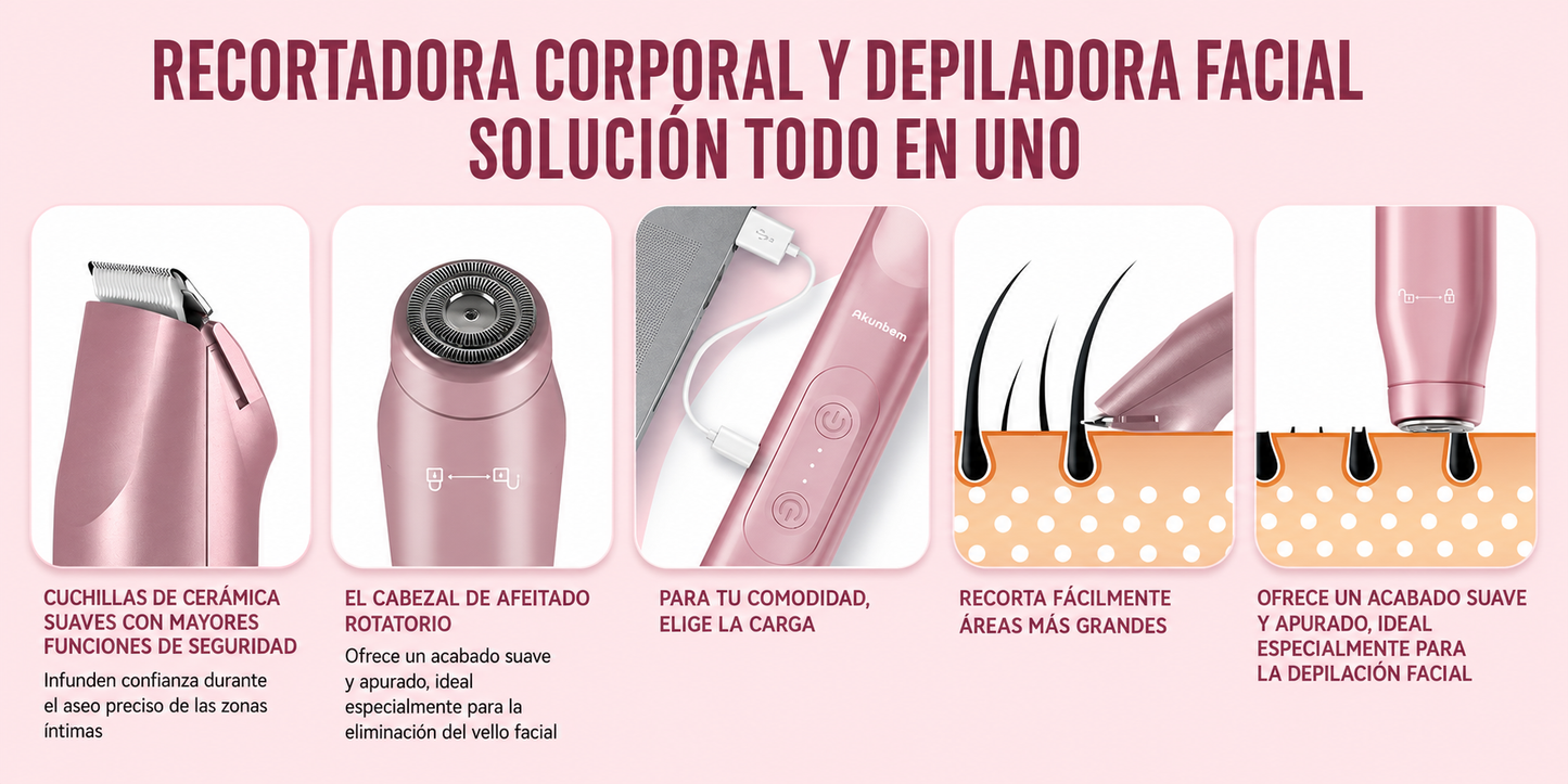 Recortadora Íntima 2 en 1 para Mujer | Afeitadora Eléctrica Recargable IPX7 para Rostro y Cuerpo